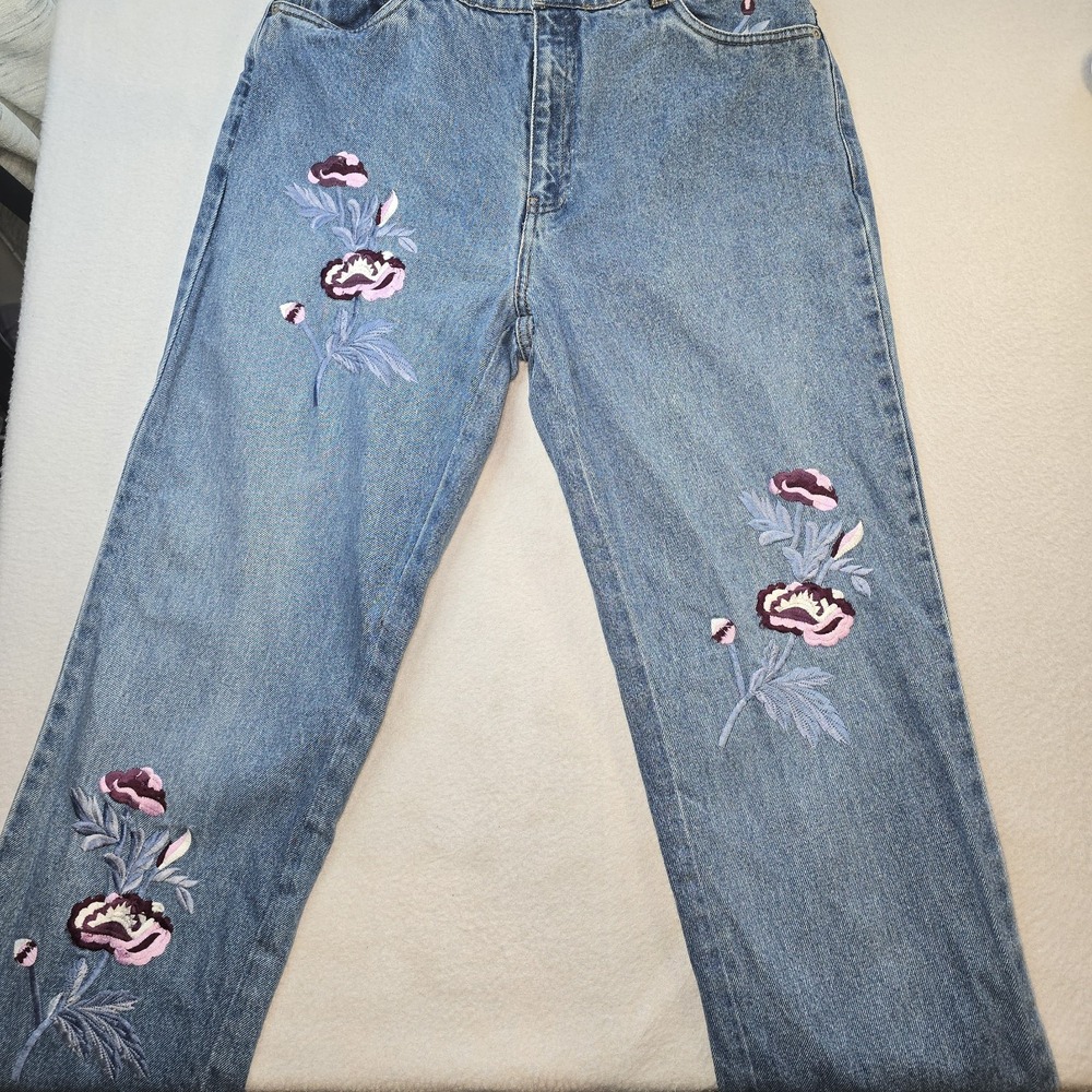 Vtg 90s Newport News Embroidered Floral Mom Jeans 14 30 High Rise Straight Denim